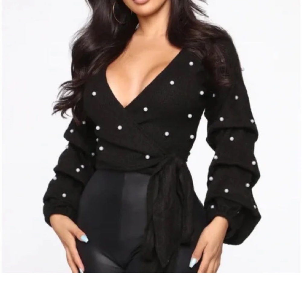 Fashion Nova Black Tie Sweater with Pearl Details - Picture 2 of 6